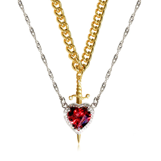 Gothic Punk One Arrow through the Heart Creative Two Color Couple Necklace Red Rhinestone Heart Dagger Necklace Good Friend Gift Fashion Jewelry