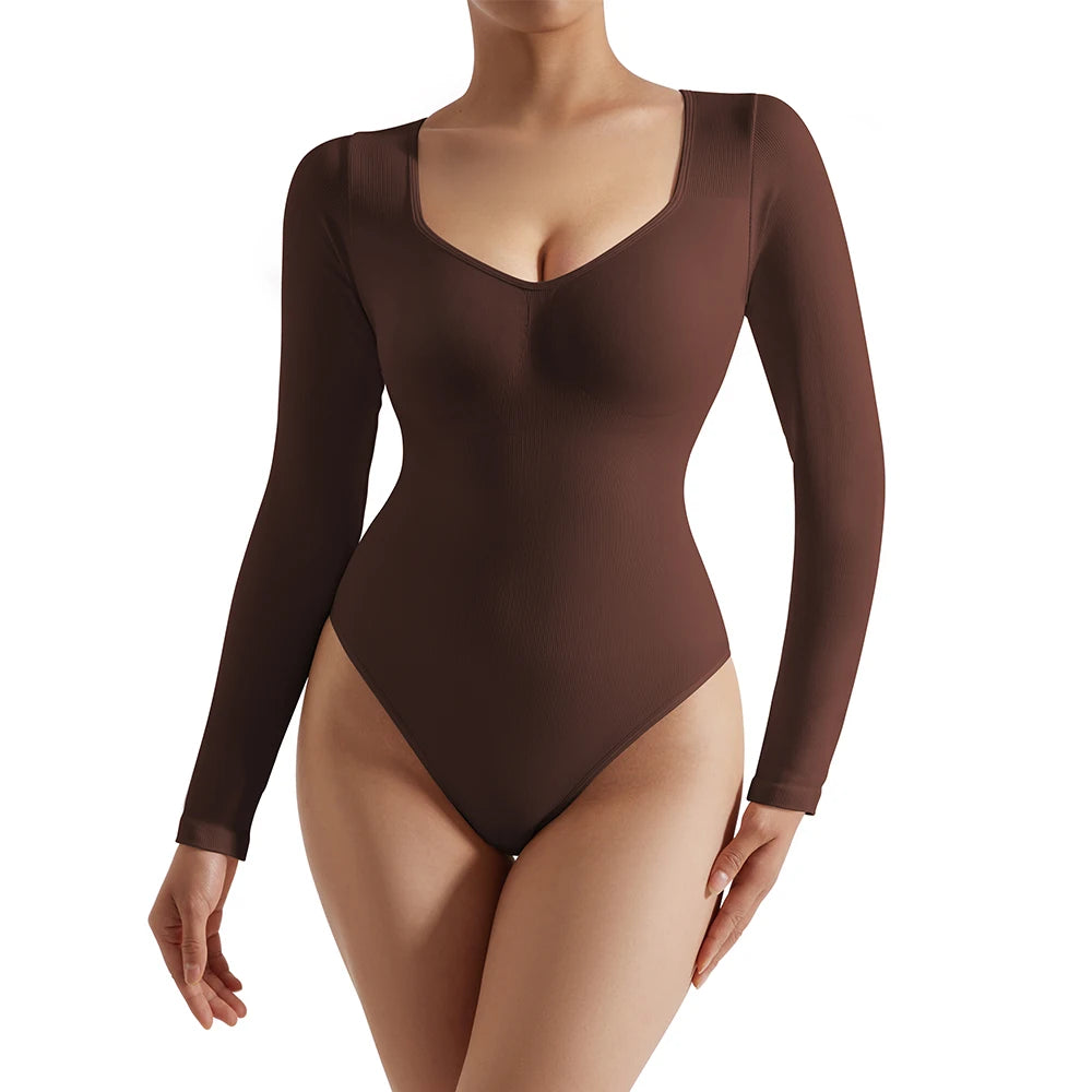 Women'S V-Neck Tank Tops Winter Solid Long-Sleeved Bodysuit Jumpsuit Shapewear Bodycon New Tight Type Fashion Female Bodysuits