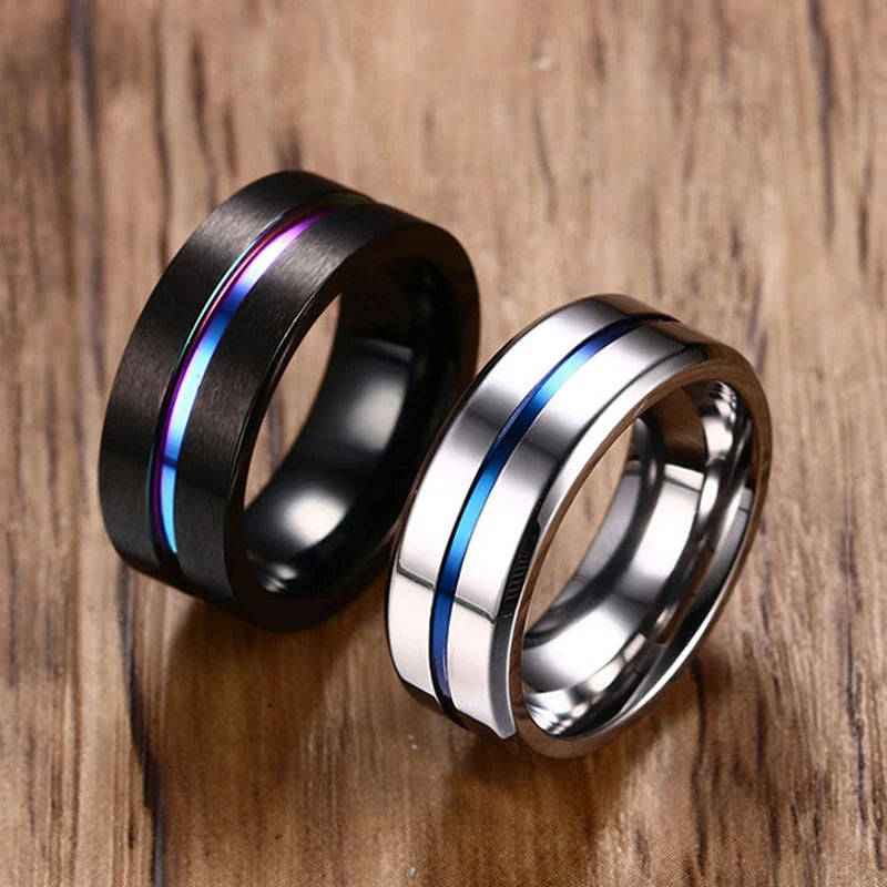 8MM Black Titanium Ring for Men Women Wedding Bands Trendy Rainbow Groove Rings Jewelry USA Size