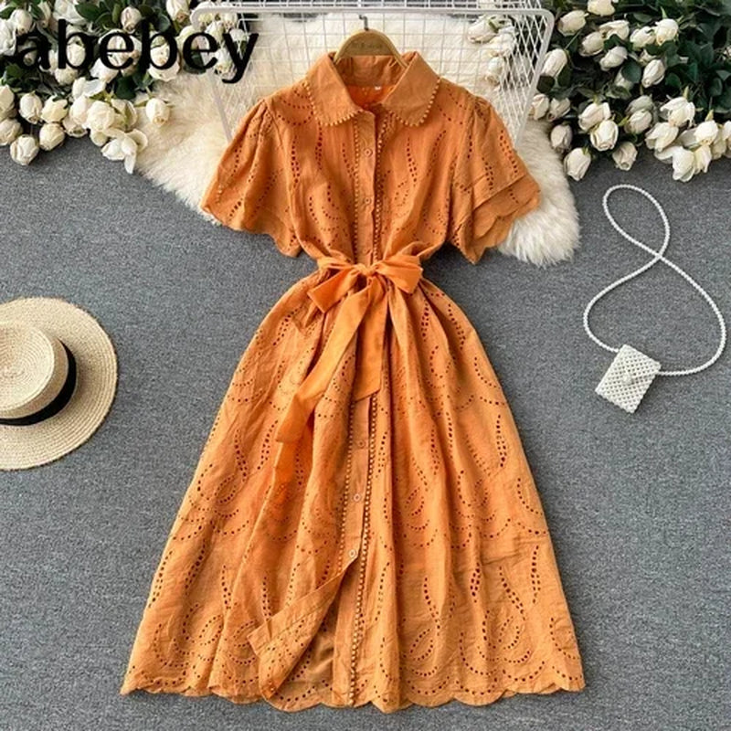 White/Green/Red 2024 Summer New Lace Embroidery Dress Women Short Sleeves Dresses Female Vintage Party Beach Maxi Long Dresses