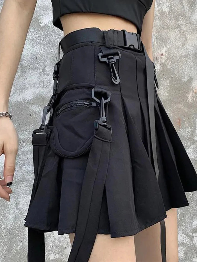 JK Skirt Japanese Style Black Cargo Pleated Skirt Harajuku Alt Tooling Short Skater Women Techwear Gothic Pockets Uniform Skirts
