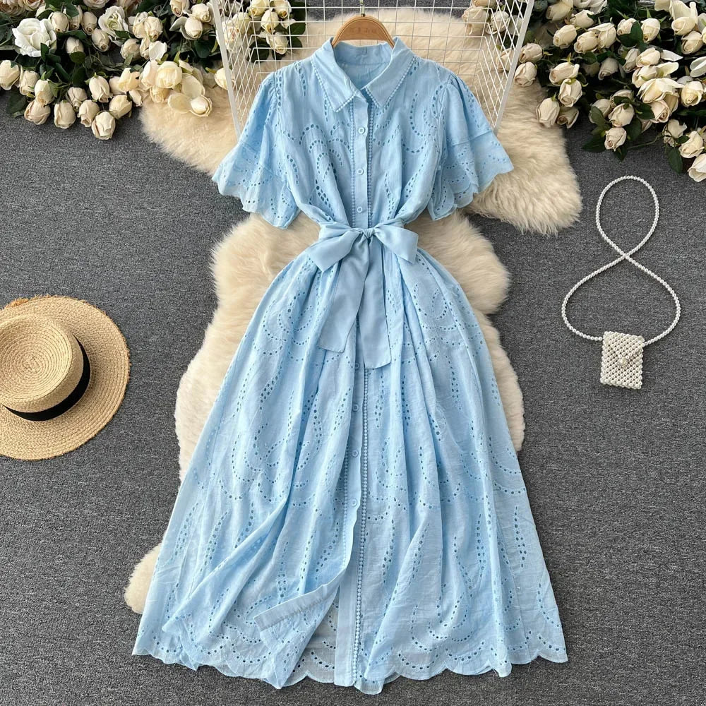 White/Green/Red 2024 Summer New Lace Embroidery Dress Women Short Sleeves Dresses Female Vintage Party Beach Maxi Long Dresses