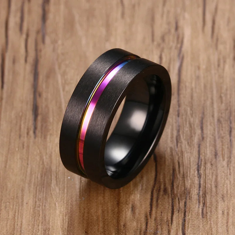 8MM Black Titanium Ring for Men Women Wedding Bands Trendy Rainbow Groove Rings Jewelry USA Size