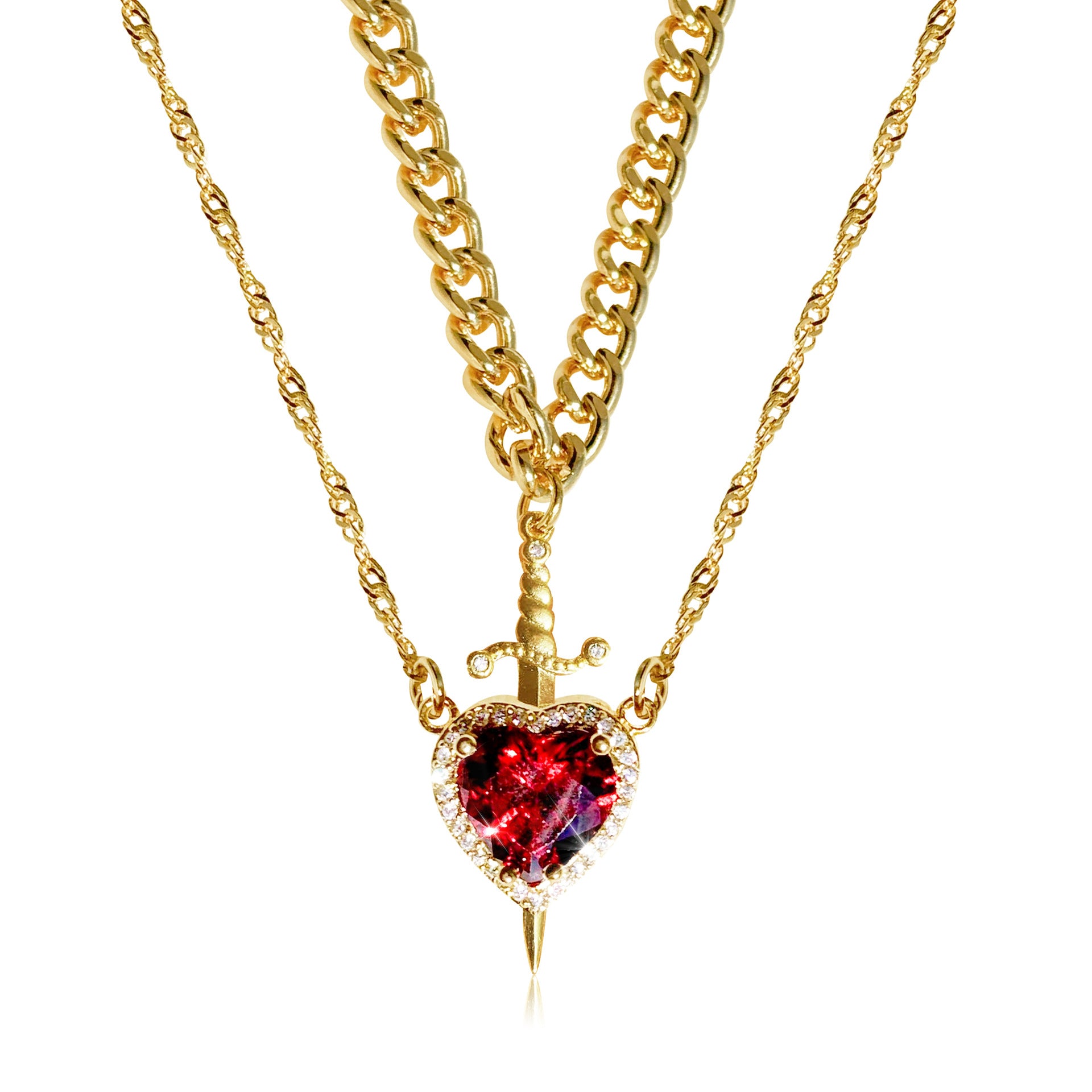Gothic Punk One Arrow through the Heart Creative Two Color Couple Necklace Red Rhinestone Heart Dagger Necklace Good Friend Gift Fashion Jewelry