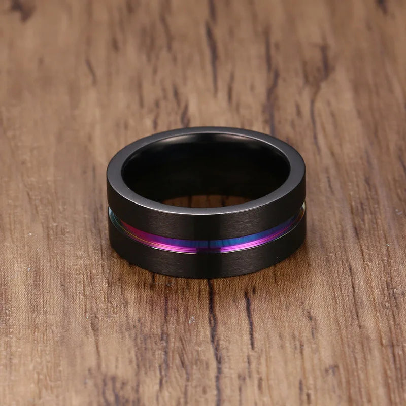 8MM Black Titanium Ring for Men Women Wedding Bands Trendy Rainbow Groove Rings Jewelry USA Size