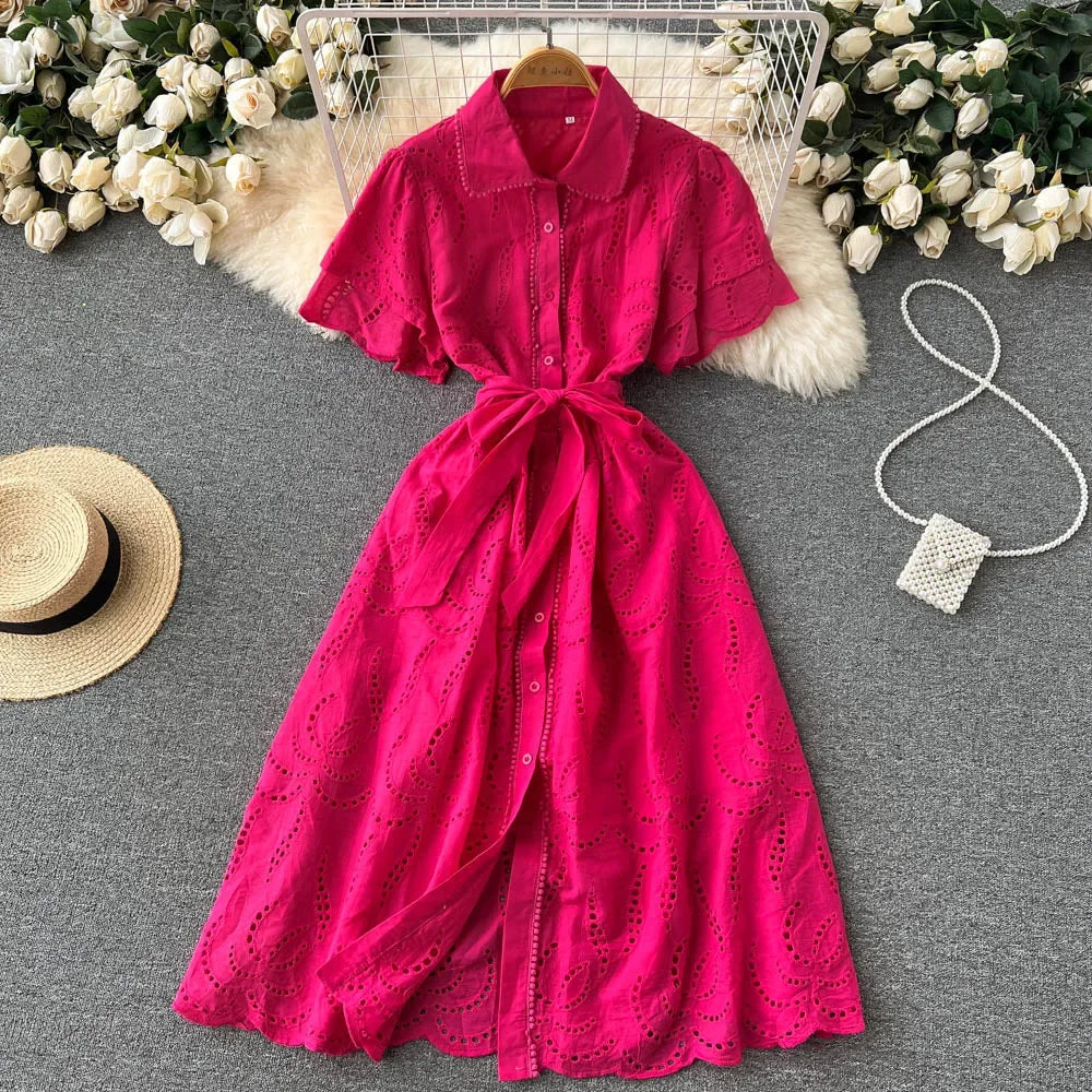 White/Green/Red 2024 Summer New Lace Embroidery Dress Women Short Sleeves Dresses Female Vintage Party Beach Maxi Long Dresses