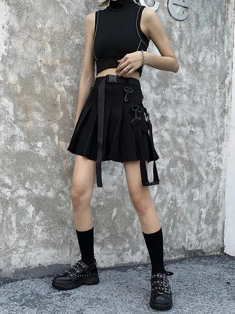 JK Skirt Japanese Style Black Cargo Pleated Skirt Harajuku Alt Tooling Short Skater Women Techwear Gothic Pockets Uniform Skirts
