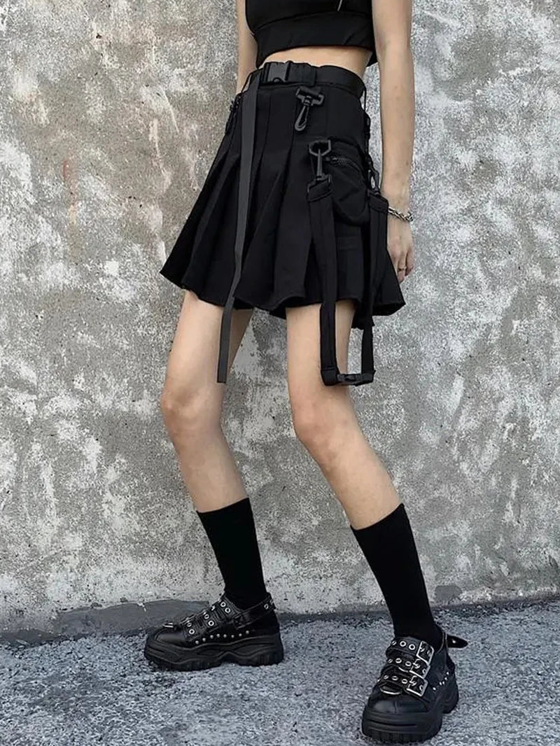 JK Skirt Japanese Style Black Cargo Pleated Skirt Harajuku Alt Tooling Short Skater Women Techwear Gothic Pockets Uniform Skirts