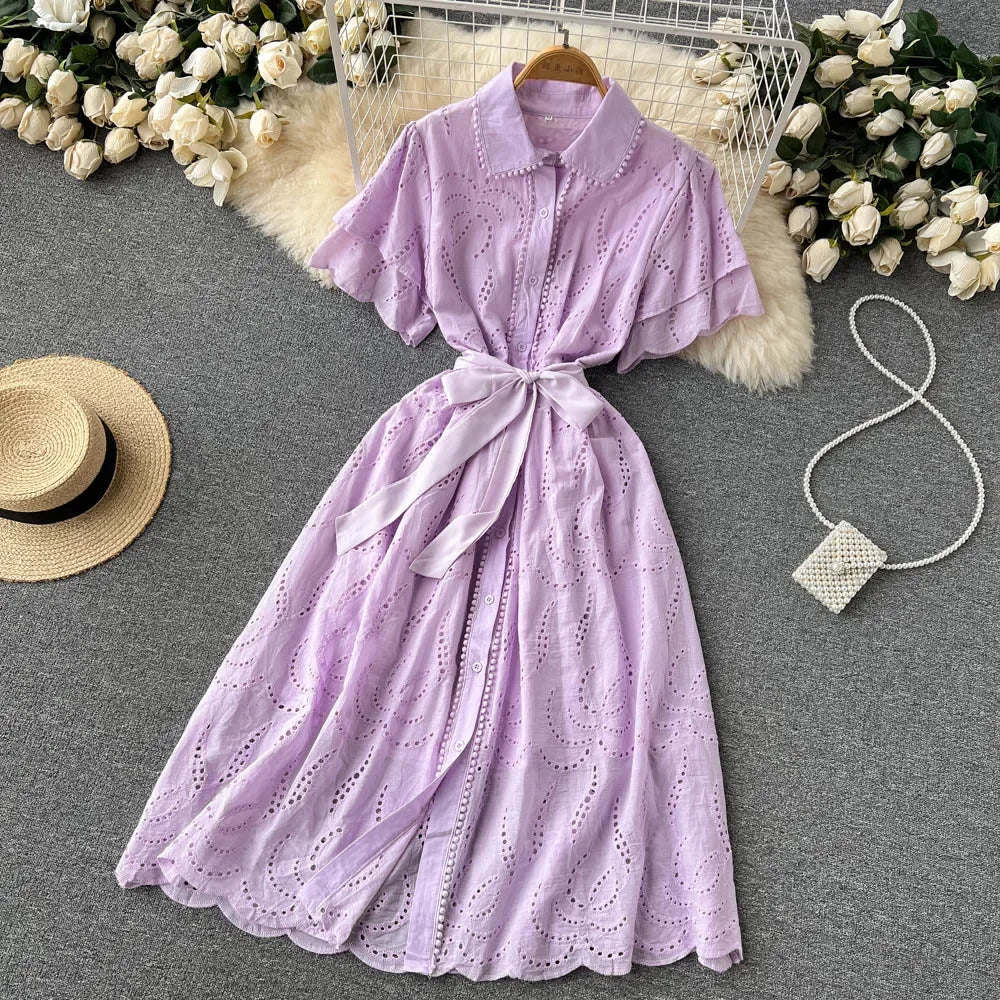 White/Green/Red 2024 Summer New Lace Embroidery Dress Women Short Sleeves Dresses Female Vintage Party Beach Maxi Long Dresses