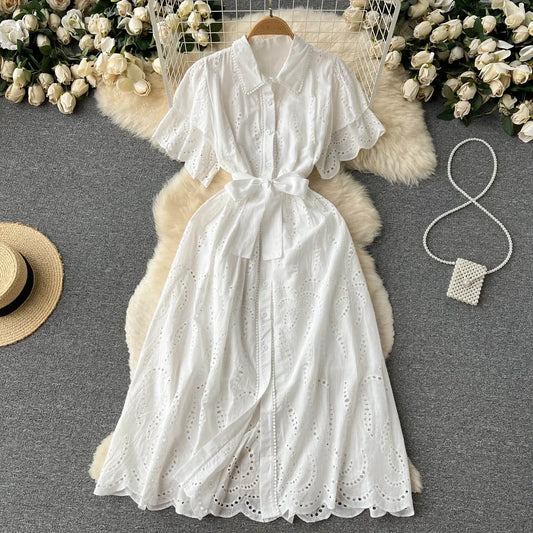 White/Green/Red 2024 Summer New Lace Embroidery Dress Women Short Sleeves Dresses Female Vintage Party Beach Maxi Long Dresses