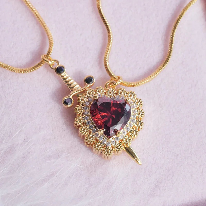 Gothic Punk One Arrow through the Heart Creative Two Color Couple Necklace Red Rhinestone Heart Dagger Necklace Good Friend Gift Fashion Jewelry