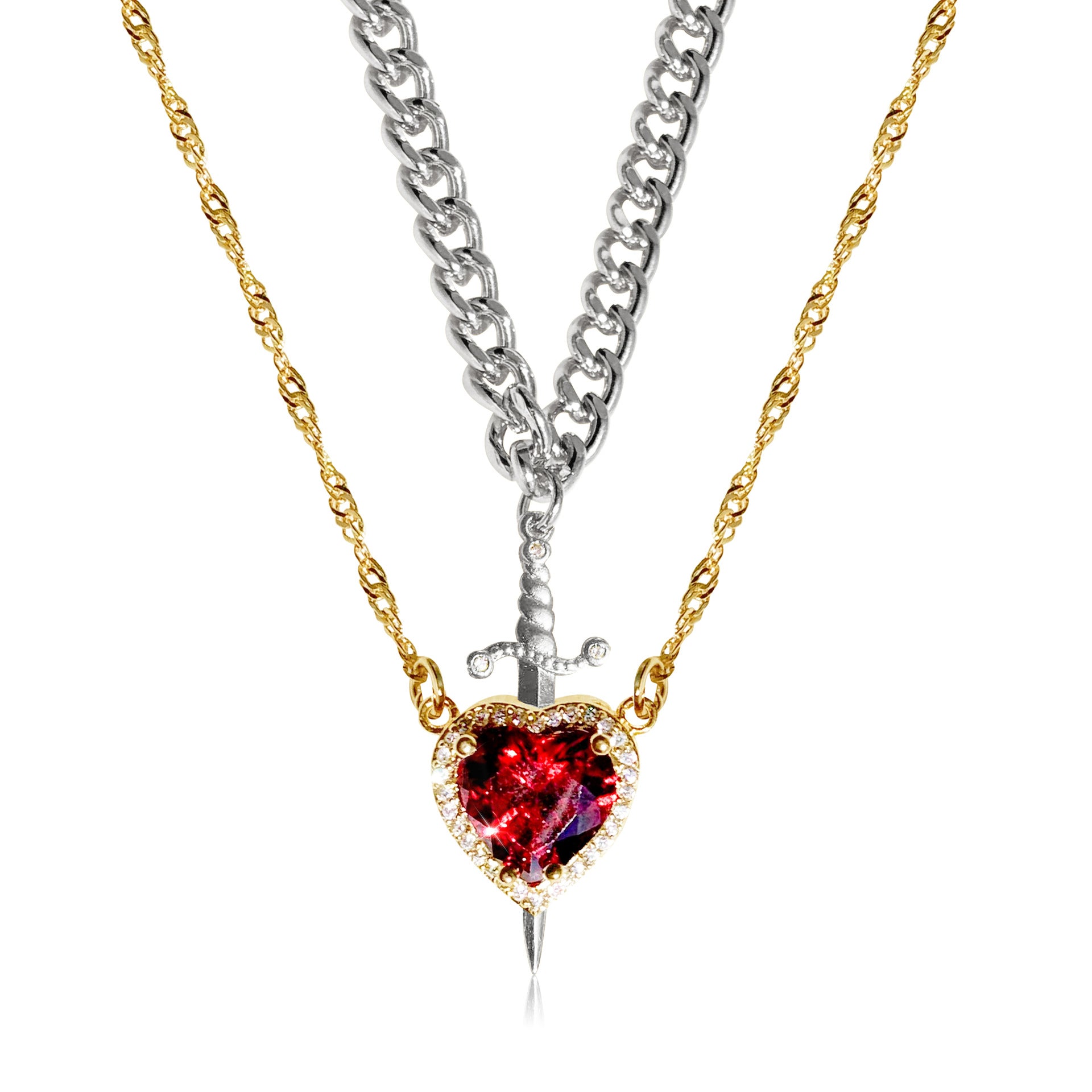 Gothic Punk One Arrow through the Heart Creative Two Color Couple Necklace Red Rhinestone Heart Dagger Necklace Good Friend Gift Fashion Jewelry