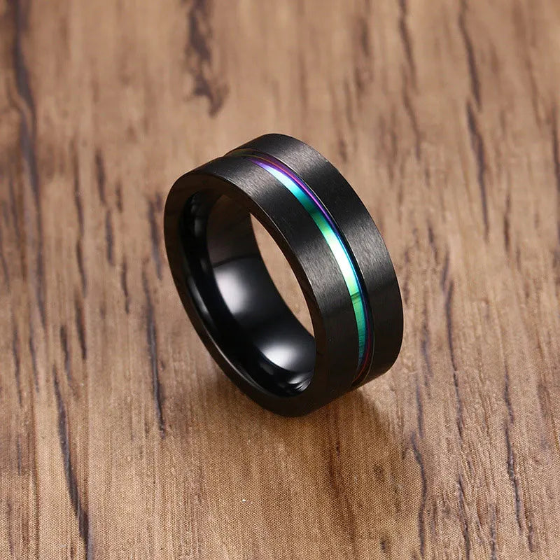 8MM Black Titanium Ring for Men Women Wedding Bands Trendy Rainbow Groove Rings Jewelry USA Size