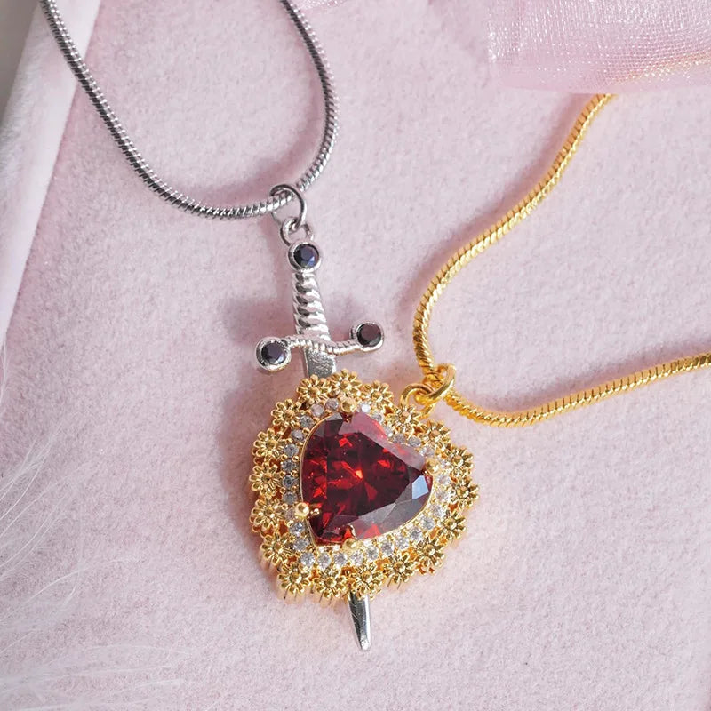 Gothic Punk One Arrow through the Heart Creative Two Color Couple Necklace Red Rhinestone Heart Dagger Necklace Good Friend Gift Fashion Jewelry
