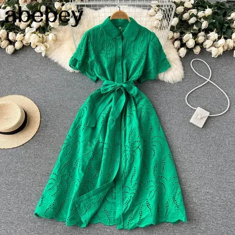 White/Green/Red 2024 Summer New Lace Embroidery Dress Women Short Sleeves Dresses Female Vintage Party Beach Maxi Long Dresses