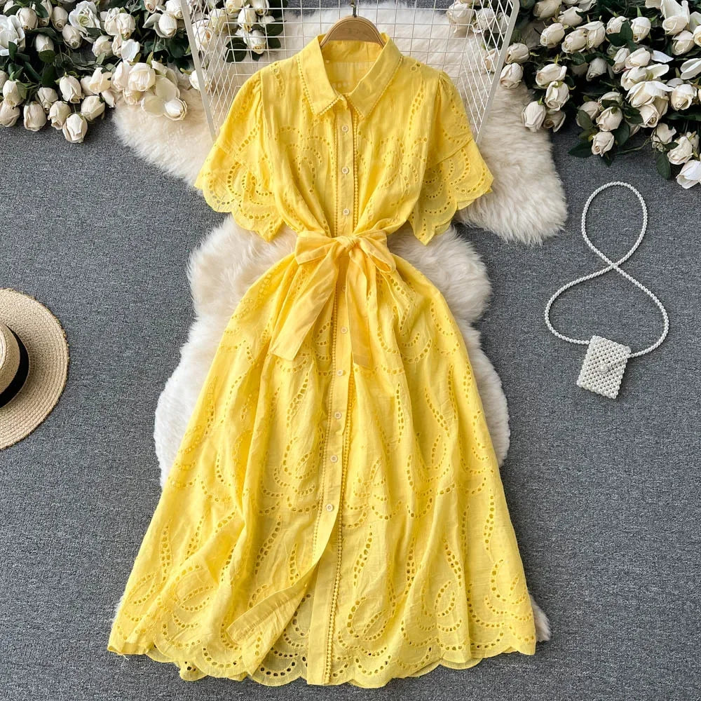 White/Green/Red 2024 Summer New Lace Embroidery Dress Women Short Sleeves Dresses Female Vintage Party Beach Maxi Long Dresses