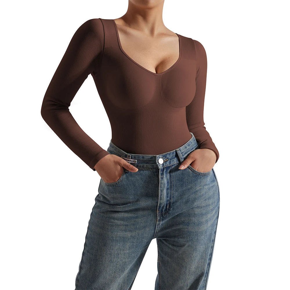 Women'S V-Neck Tank Tops Winter Solid Long-Sleeved Bodysuit Jumpsuit Shapewear Bodycon New Tight Type Fashion Female Bodysuits