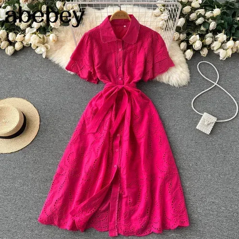 White/Green/Red 2024 Summer New Lace Embroidery Dress Women Short Sleeves Dresses Female Vintage Party Beach Maxi Long Dresses