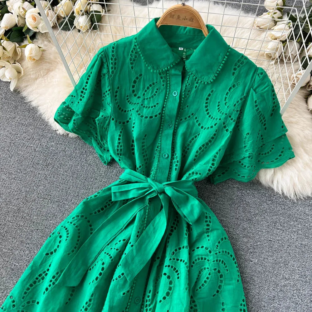 White/Green/Red 2024 Summer New Lace Embroidery Dress Women Short Sleeves Dresses Female Vintage Party Beach Maxi Long Dresses