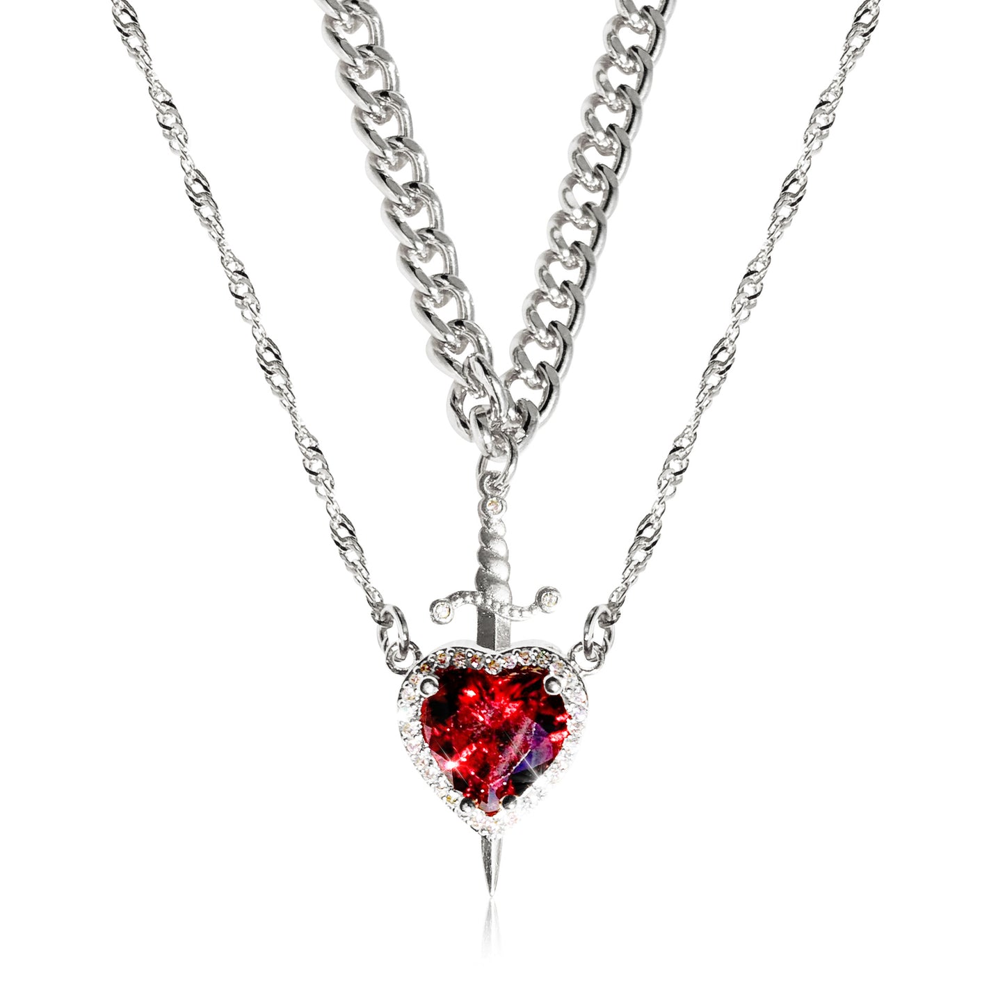 Gothic Punk One Arrow through the Heart Creative Two Color Couple Necklace Red Rhinestone Heart Dagger Necklace Good Friend Gift Fashion Jewelry