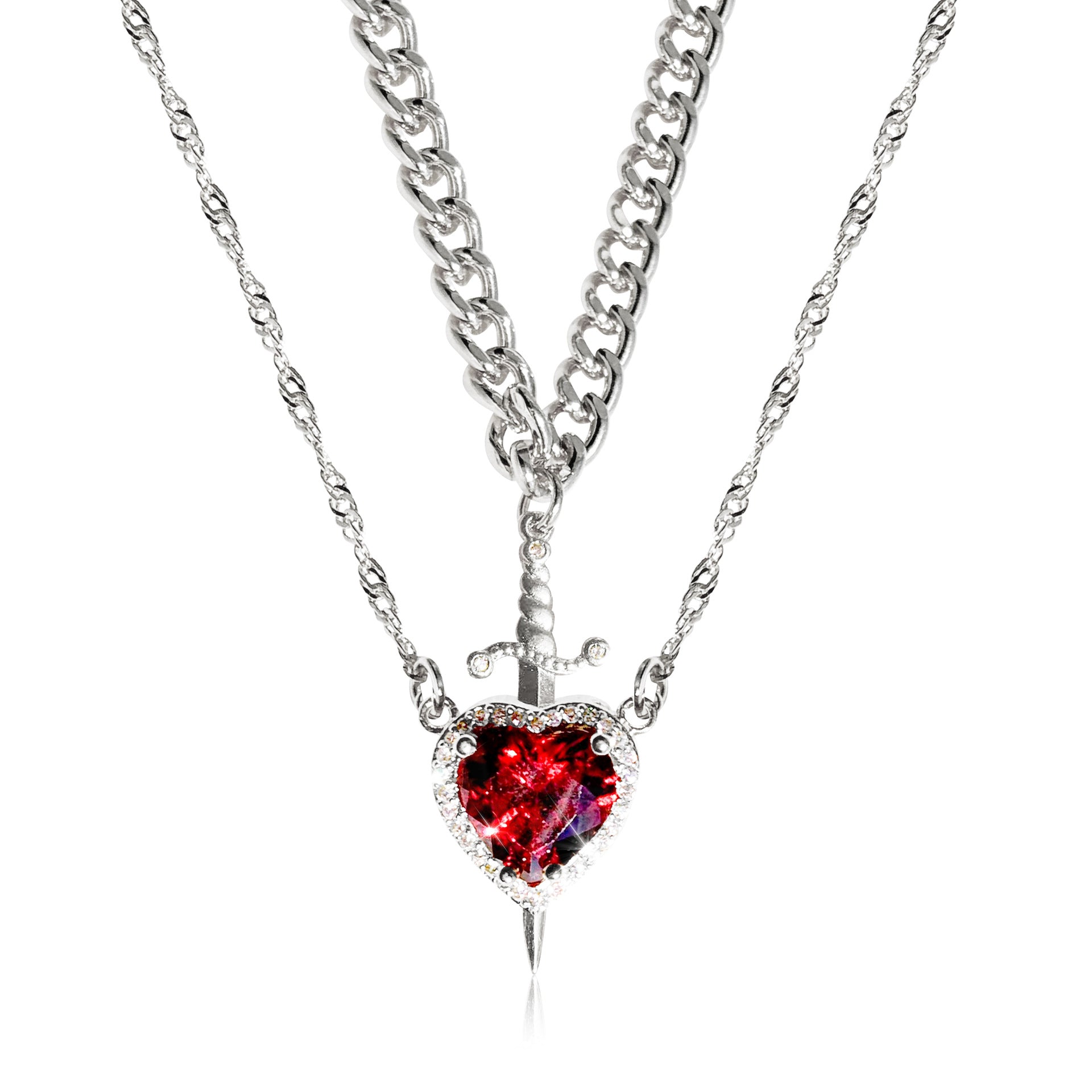 Gothic Punk One Arrow through the Heart Creative Two Color Couple Necklace Red Rhinestone Heart Dagger Necklace Good Friend Gift Fashion Jewelry