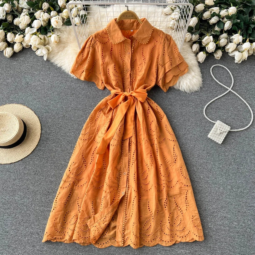 White/Green/Red 2024 Summer New Lace Embroidery Dress Women Short Sleeves Dresses Female Vintage Party Beach Maxi Long Dresses