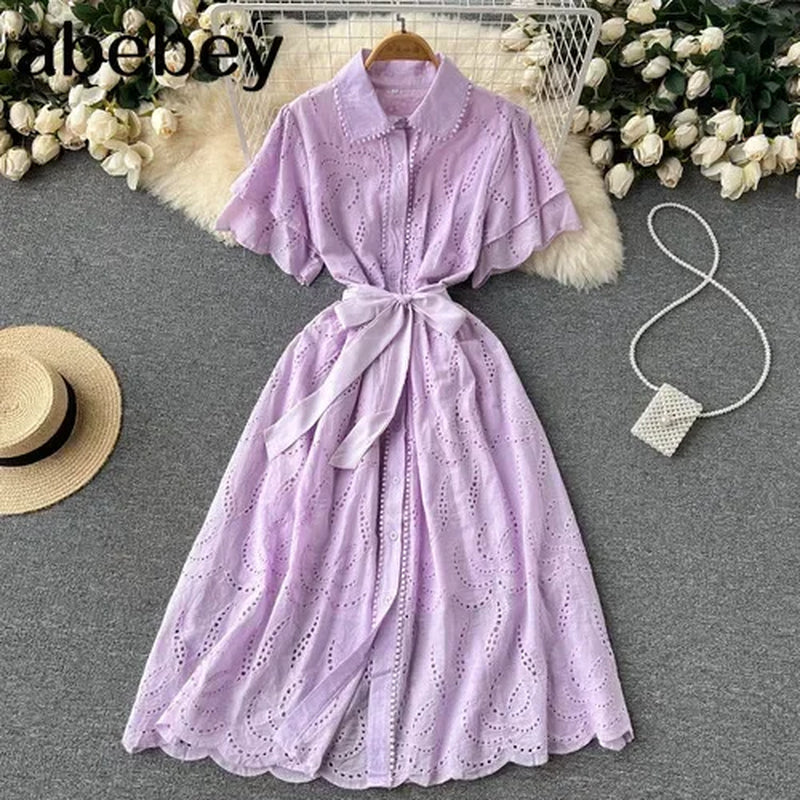 White/Green/Red 2024 Summer New Lace Embroidery Dress Women Short Sleeves Dresses Female Vintage Party Beach Maxi Long Dresses