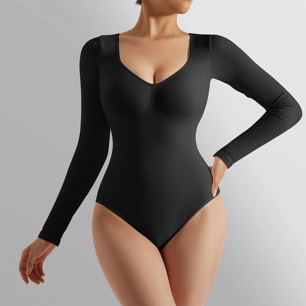 Women'S V-Neck Tank Tops Winter Solid Long-Sleeved Bodysuit Jumpsuit Shapewear Bodycon New Tight Type Fashion Female Bodysuits