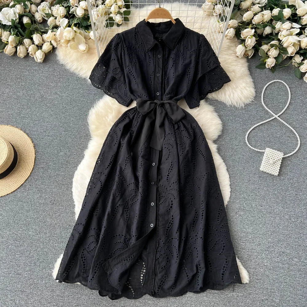 White/Green/Red 2024 Summer New Lace Embroidery Dress Women Short Sleeves Dresses Female Vintage Party Beach Maxi Long Dresses