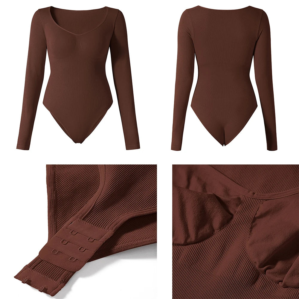 Women'S V-Neck Tank Tops Winter Solid Long-Sleeved Bodysuit Jumpsuit Shapewear Bodycon New Tight Type Fashion Female Bodysuits