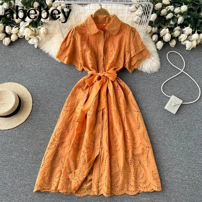 White/Green/Red 2024 Summer New Lace Embroidery Dress Women Short Sleeves Dresses Female Vintage Party Beach Maxi Long Dresses