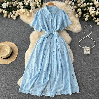 White/Green/Red 2024 Summer New Lace Embroidery Dress Women Short Sleeves Dresses Female Vintage Party Beach Maxi Long Dresses