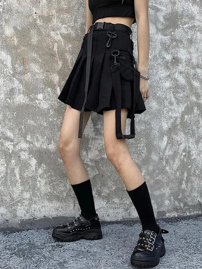 JK Skirt Japanese Style Black Cargo Pleated Skirt Harajuku Alt Tooling Short Skater Women Techwear Gothic Pockets Uniform Skirts