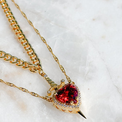 Gothic Punk One Arrow through the Heart Creative Two Color Couple Necklace Red Rhinestone Heart Dagger Necklace Good Friend Gift Fashion Jewelry