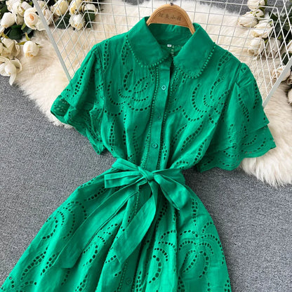 White/Green/Red 2024 Summer New Lace Embroidery Dress Women Short Sleeves Dresses Female Vintage Party Beach Maxi Long Dresses
