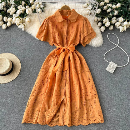White/Green/Red 2024 Summer New Lace Embroidery Dress Women Short Sleeves Dresses Female Vintage Party Beach Maxi Long Dresses