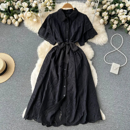White/Green/Red 2024 Summer New Lace Embroidery Dress Women Short Sleeves Dresses Female Vintage Party Beach Maxi Long Dresses